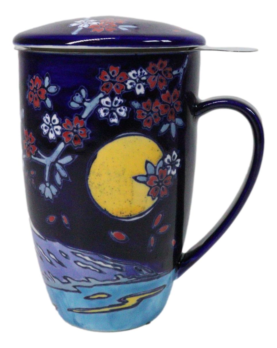 Blue Moon Fuji Mountain 15oz Porcelain Tea Mug With Lid Stainless Steel Infuser