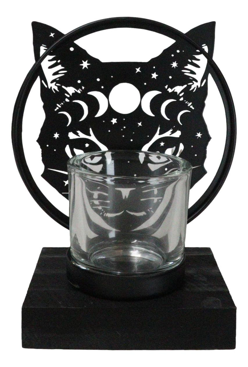Wicca Phases of The Moon Celestial Black Cat Metal Votive T-Lite Candle Holder
