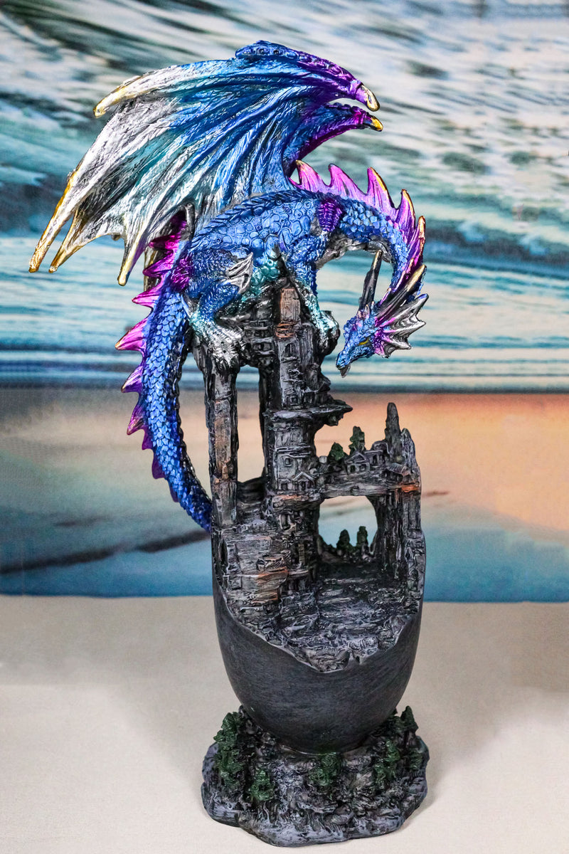 Medieval Blue Dragon Perching On Abandoned Castle Tower Ruins Figurine 12"H