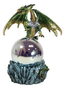 Green And Gold Armored Dragon On Rocky Cliff Edge With LED Optic Ball Figurine