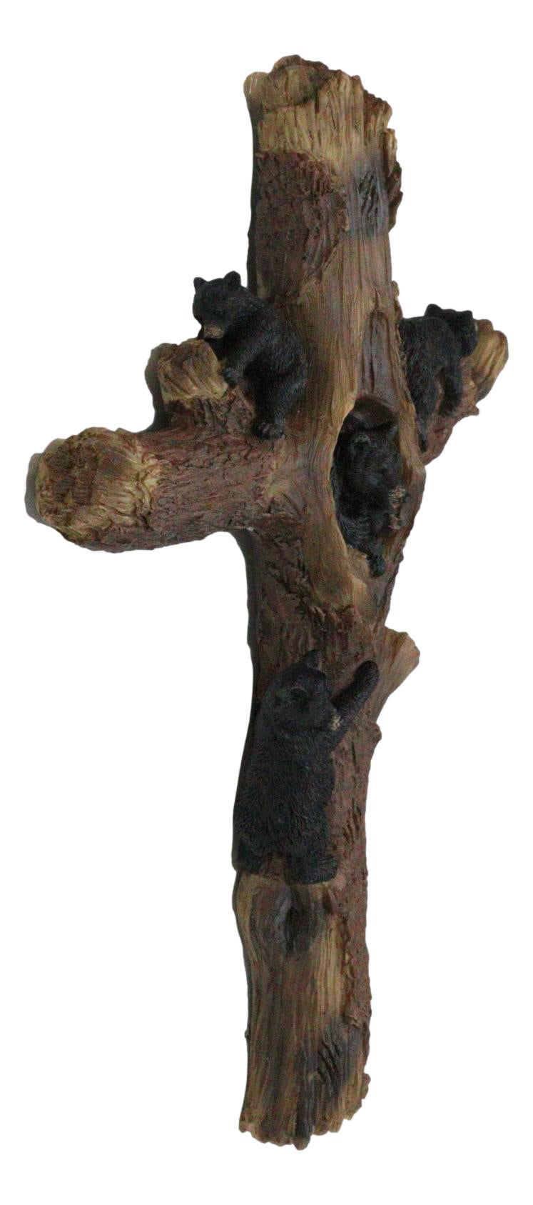 Western Playful Climbing Black Bear Cubs With Mama Bear Faux Tree Log Wall Cross