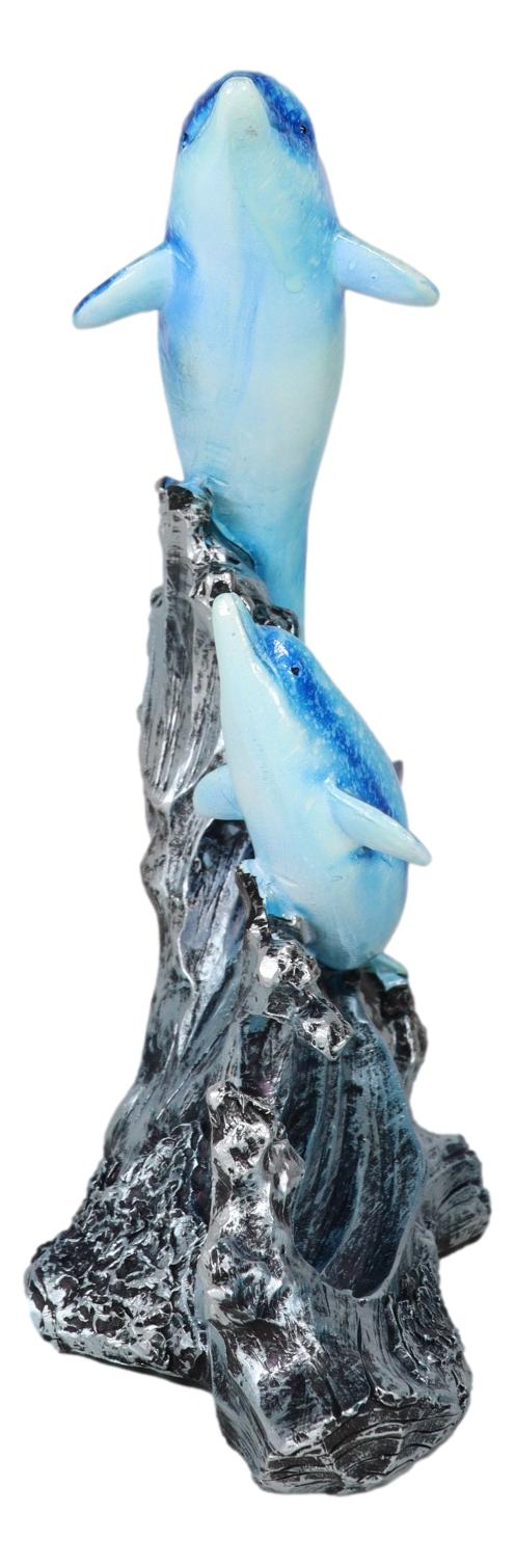 Nautical Marine Sea Ocean 2 Blue Dolphins Leaping Out Of The Reef Waves Figurine
