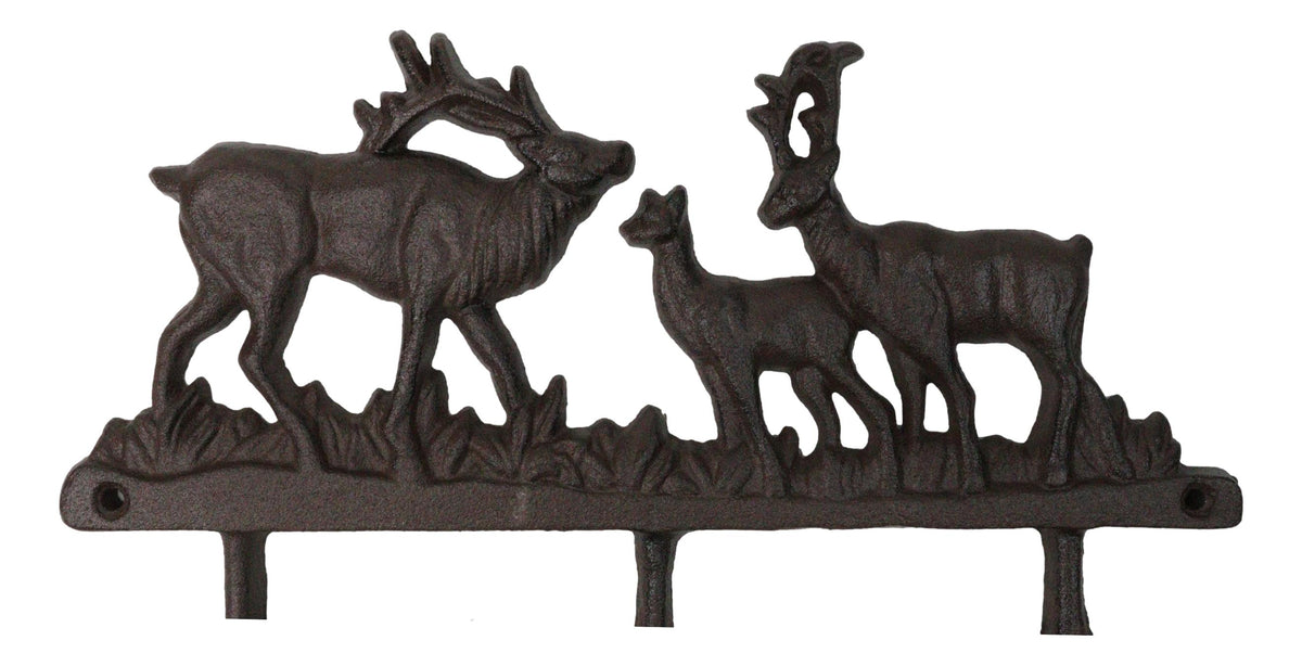 Rustic Deer Stag Doe and Fawn Family Antlers Cast Iron 6 Peg Wall Hook Sculpture