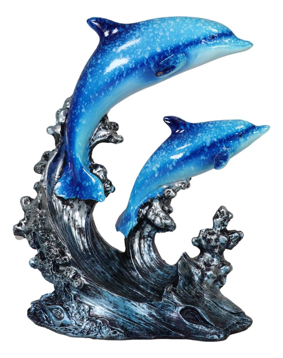 Nautical Marine Sea Ocean 2 Blue Dolphins Swimming Over Reef Waves Figurine - Ebros Gift