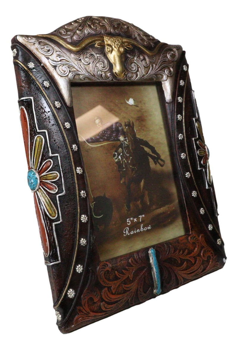 Western Longhorn Tooled Silver Concho Turquoise Gems Picture Photo Frame 5"X7"