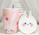 Pink Bunny Rabbit Strawberries Sweet Dreams Ceramic Mug With Lid And Spoon