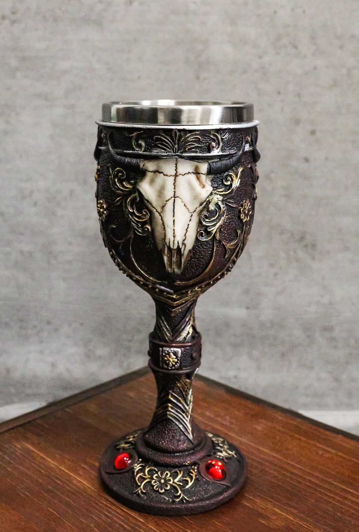 Ebros Horned Wild Bison Steer Tribal Skull Red Cyrstals Maroon Wine Chalice Goblet Cup - Ebros Gift