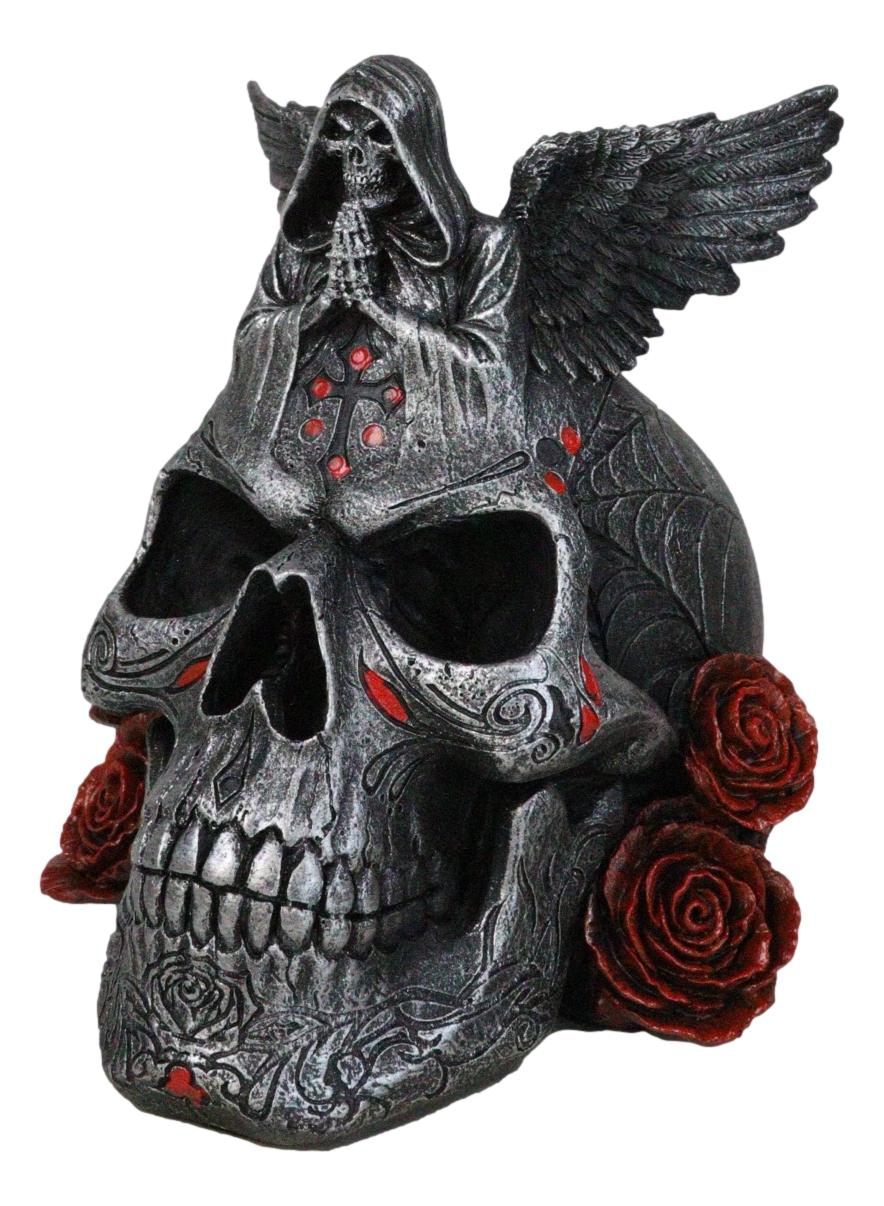 Grim Reaper Skeleton Angel Of Death Praying On Tribal Skull Red Roses Figurine