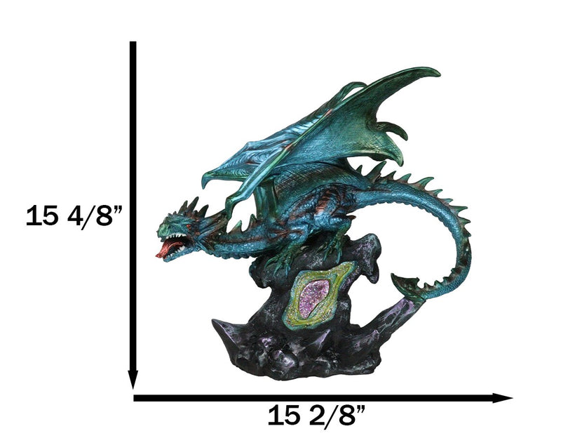 Large Aquamarine Iridescent Dragon Guarding LED Faux Crystal Geode Rock Figurine