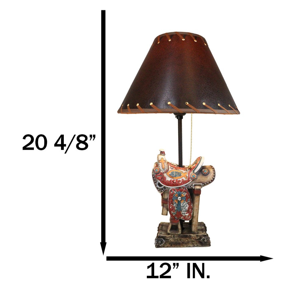 Rustic Western Cowboy Horse Saddle with Ichthys Jesus Fish Symbol Table Lamp