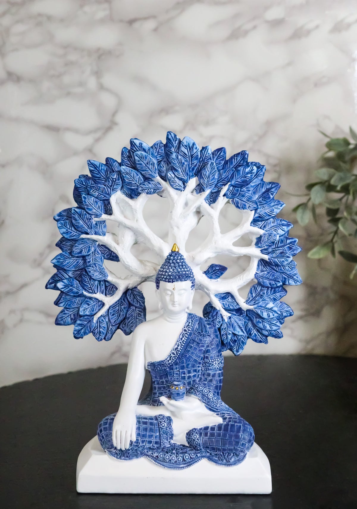 Meditating Buddha with Tree of Life Blue & White Gautama Buddha Figurine 9.5"H