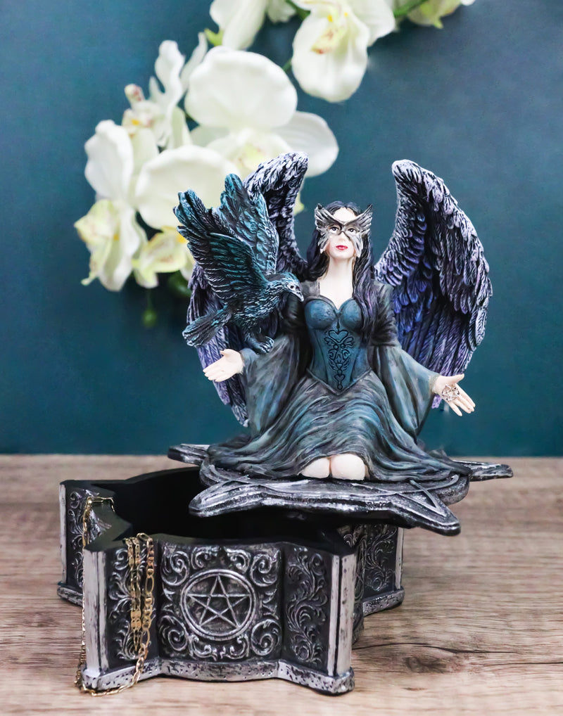 Gothic Fairy Queen With Raven Crow On Pentagram Star Decorative Box Figurine
