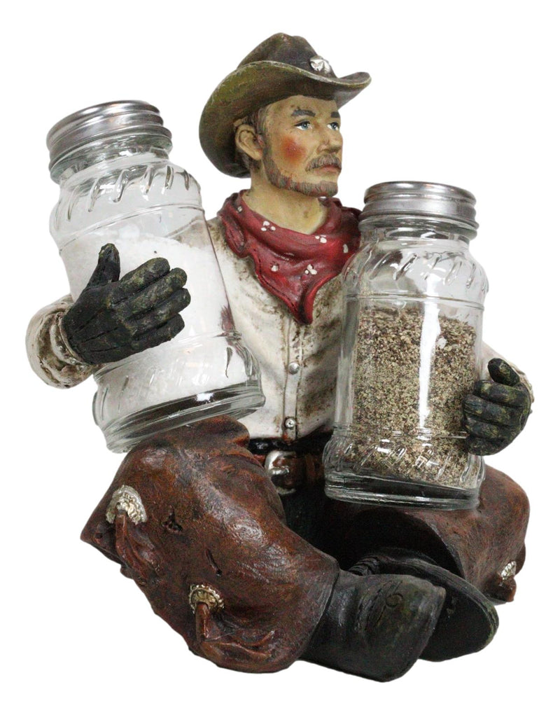 Western Wrangler Cowboy With Hat Scarf And Chaps Salt Pepper Shakers Holder Set