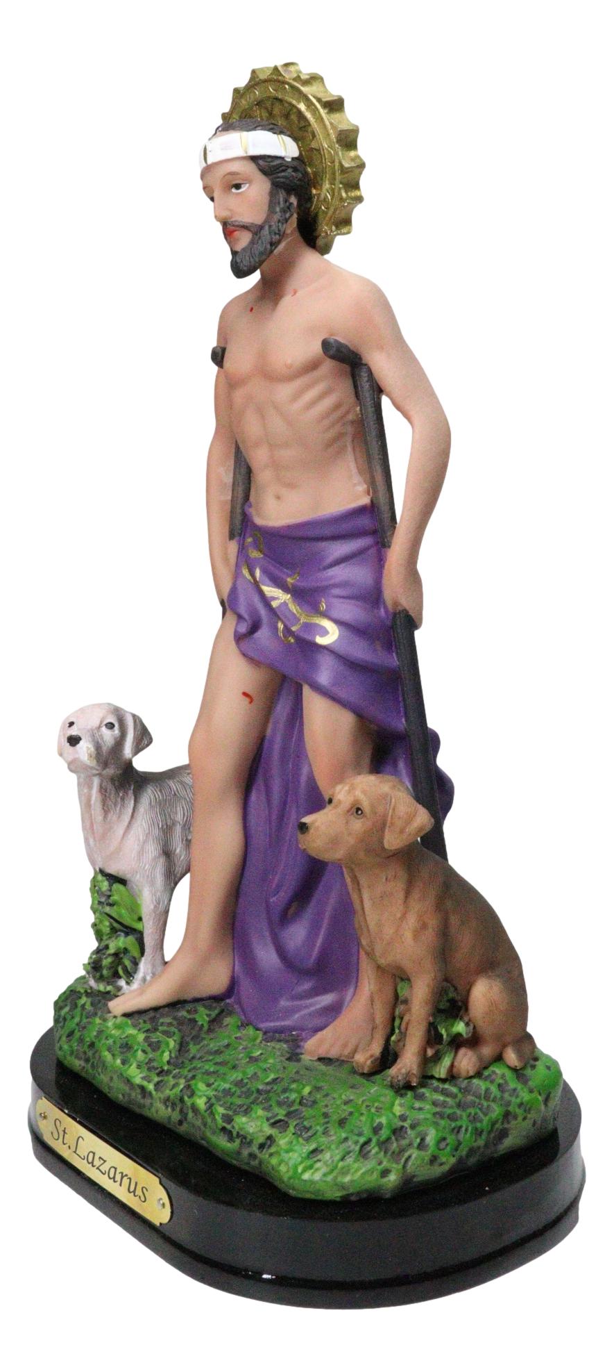 Catholic Saint Lazarus with Dogs and Sun Border Medal Figurine With Base 8"H