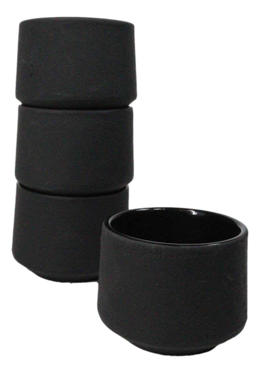 Black Modern Cylindrical Japanese Tetsubin Style Cast Iron Tea Cups Set of 4