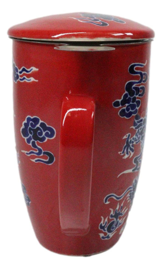 Red Oriental Dragon King 15oz Porcelain Tea Mug With Lid Stainless Steel Infuser