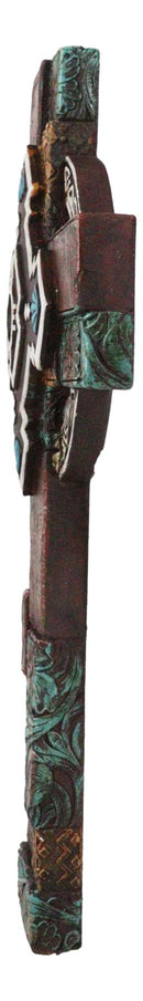 Southwestern Aztec Vector Wheel Trinity Turquoise Floral Faux Leather Wall Cross