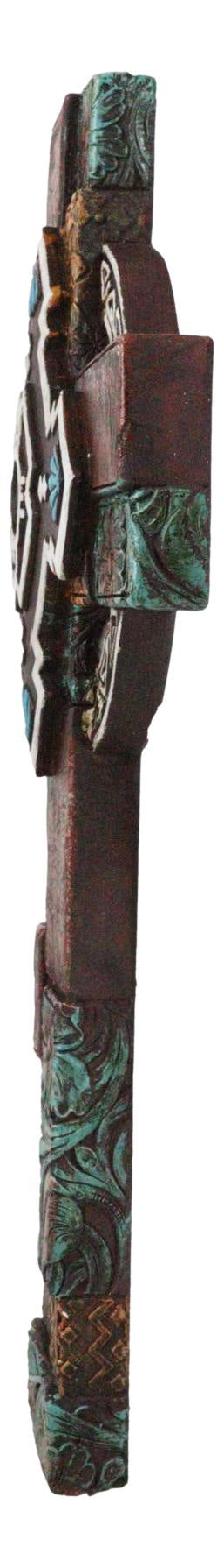 Southwestern Aztec Vector Wheel Trinity Turquoise Floral Faux Leather Wall Cross