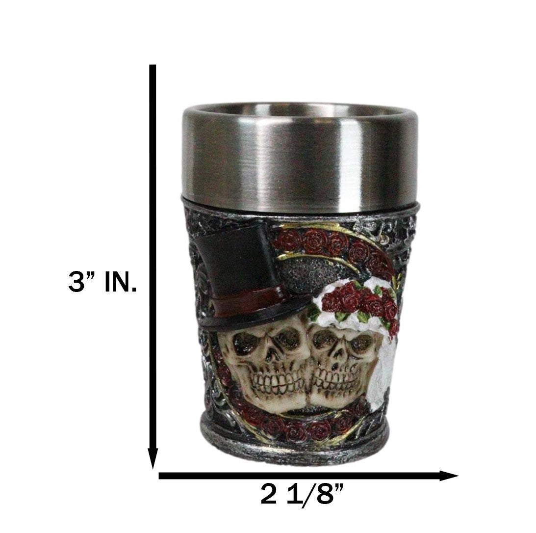 Pack of 4 Gothic Love Never Dies Skeleton Bride And Groom Shooter Shot Glasses - Ebros Gift