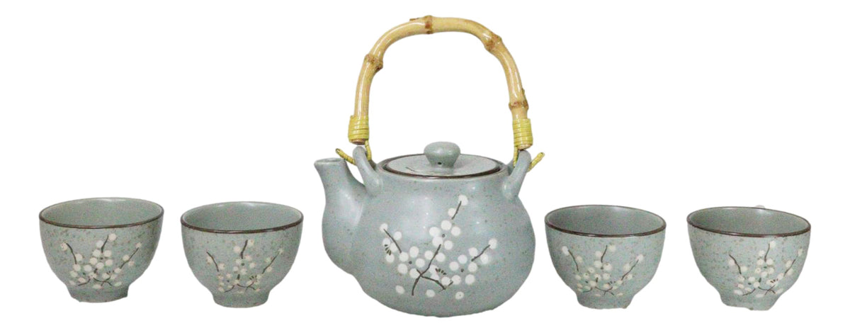 Japanese Sakura Pastel Ume Plum Cherry Blossom Traditional Teapot With Cups Set - Ebros Gift