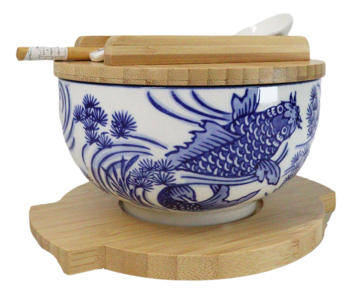 White Blue Koi Fish 28Oz Donburi Ramen Bowl With Lid Trivet Spoon Chopsticks Set