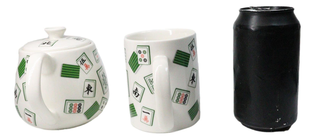 Green White Chinese Mahjong Tiles Ceramic Tea Pot 15oz And 2 Cup Mugs 11oz Set