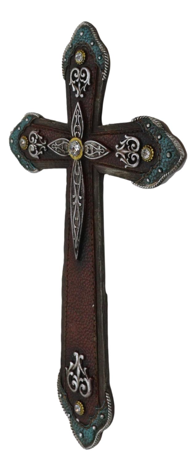 Rustic Western Cowboy Diamond Teardrop Crystals Tooled Leather Wall Cross Plaque
