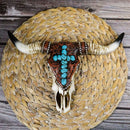 Southwest Steer Cow Skull With Turquoise Cross Tooled Leather Motif Wall Decor