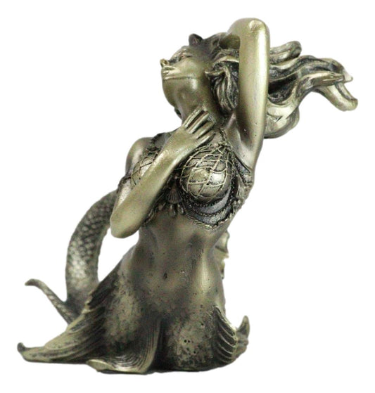 Nautical Aged Bronze Resin Seductive Mermaid Siren With Fishnets Figurine 7"L - Ebros Gift