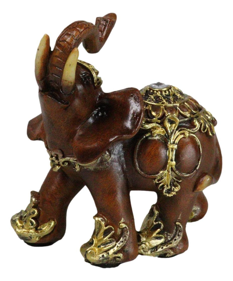 Feng Shui Faux Wood Left Facing Trunk Up Elephant With Golden Tapestry Figurine