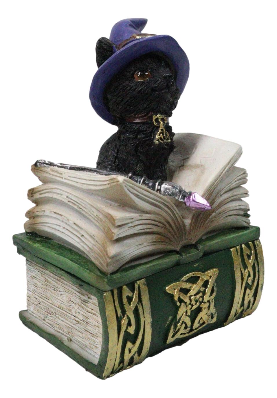 Mystical Black Cat with Witch Hat On Green Book of Spells Small Trinket Box