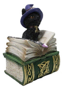 Mystical Black Cat with Witch Hat On Green Book of Spells Small Trinket Box