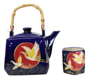 Golden Crane With Red Moon Blue Ceramic Hexagonal Teapot With 4 Tea Cups Set