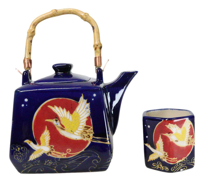 Golden Crane With Red Moon Blue Ceramic Hexagonal Teapot With 4 Tea Cups Set