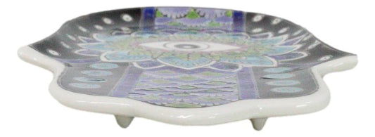 Indigo Chakra Hamsa Palm Mandala and Evil Eye Ceramic Dish Brass Incense Holder