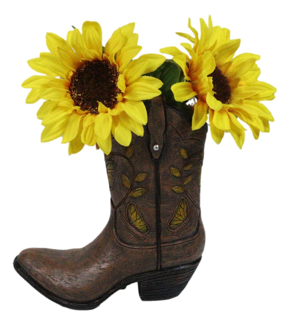 Western Yellow Butterfly and Flowers Faux Leather Cowgirl Boot Vase Figurine