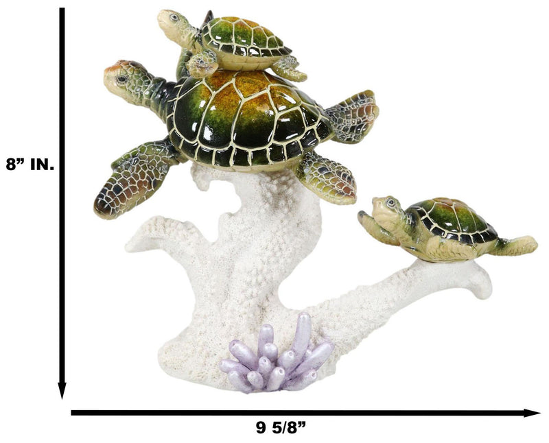 Marine Sea Turtle Mother And Hatchlings Swimming Over Ocean Reef Corals Statue