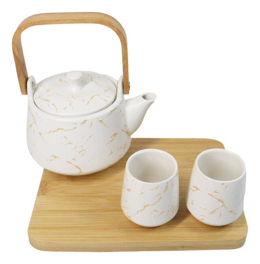White Marble Vein Porcelain 22oz Teapot And 2 Tea Cups With Bamboo Tray Set