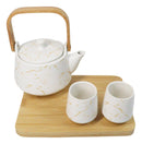 White Marble Vein Porcelain 22oz Teapot And 2 Tea Cups With Bamboo Tray Set
