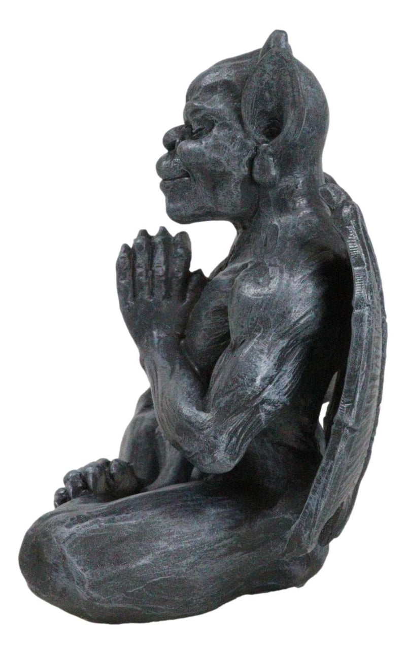 Sitting Stoic Horned Gargoyle With Wings In Yoga Meditation Lotus Pose Figurine