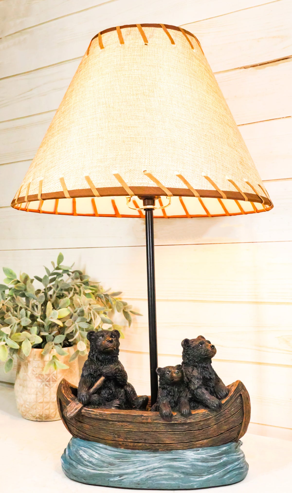 Rustic Woody Forest River Run Black Bears With Cub Rowing Canoe Boat Table Lamp