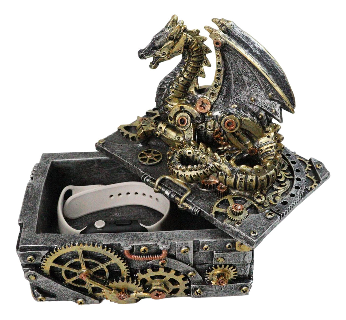 Steampunk Dragon Trinket Box Faux Gears & Pipes Clockwork Mechanical Sculpture