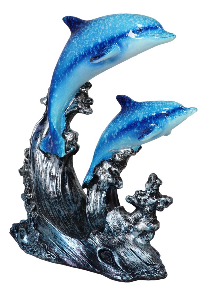 Nautical Marine Sea Ocean 2 Blue Dolphins Swimming Over Reef Waves Figurine - Ebros Gift