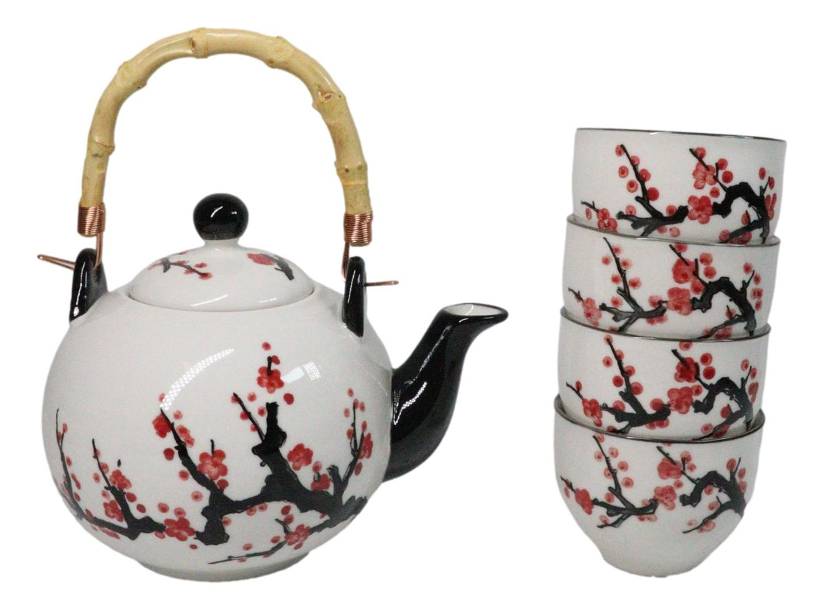 White Pink Sakura Cherry Blossoms Porcelain 30oz Teapot And 4 Tea Cups Set