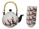 White Pink Sakura Cherry Blossoms Porcelain 30oz Teapot And 4 Tea Cups Set