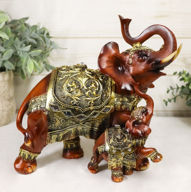 Buddha Feng Shui Decorated Golden Elephant With Calf Trumpeting Statue 10"L