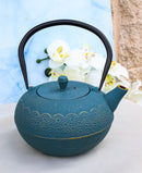 Round Teal Blue Seigaiha Waves Large Cast Iron Tetsubin Teapot 40oz Tea Pot