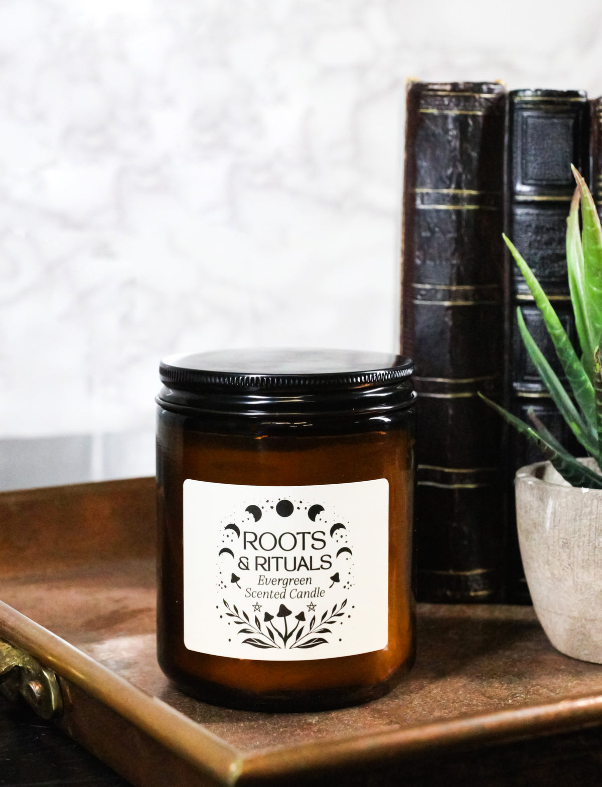 Ebros Roots & Rituals Evergreen Scented Amber Glass Jar Candle 22 Hour