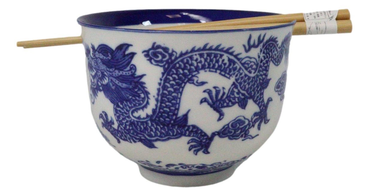 Blue White Oriental Dragon King Ceramic Donburi Ramen Bowl With Chopsticks Set - Ebros Gift