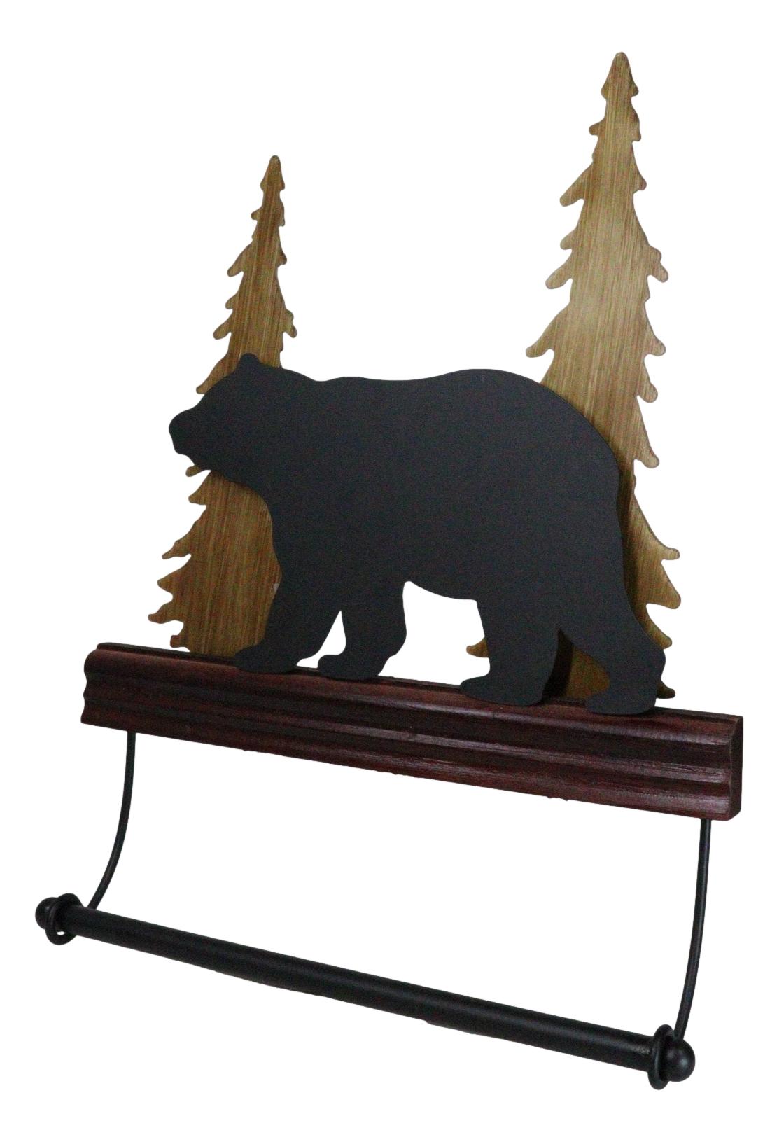 Rustic Western Black Bear by Pine Tree Forest Wooden Wall Hand Towel Holder Bar